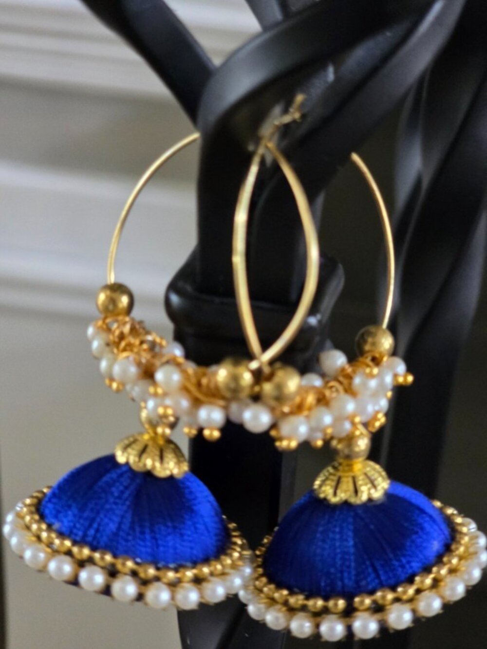 Silk Thread Jhumka Earrings Red Blue Grey Pearl Hoop Indian